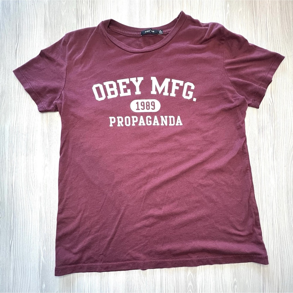 Obey Propaganda T-Shirt Burgundy Maroon MFG 1989 Graphic Tee Women's Size S